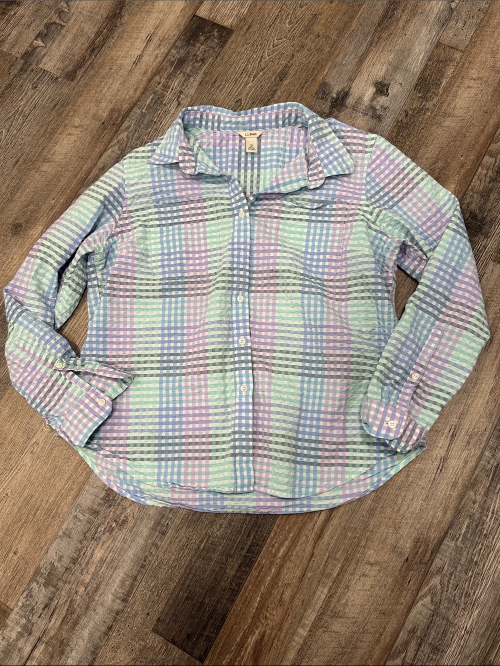 L.L. Bean Vintage Pastel Plaid Seersucker Button-Down Women’s Size Medium Petite